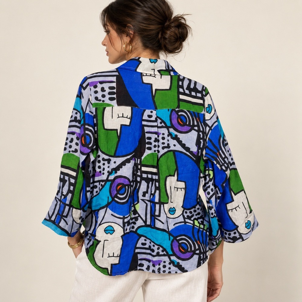 Made in Italy 100% Linen Abstract Face Print Shirt Art to Wear Blue Green L